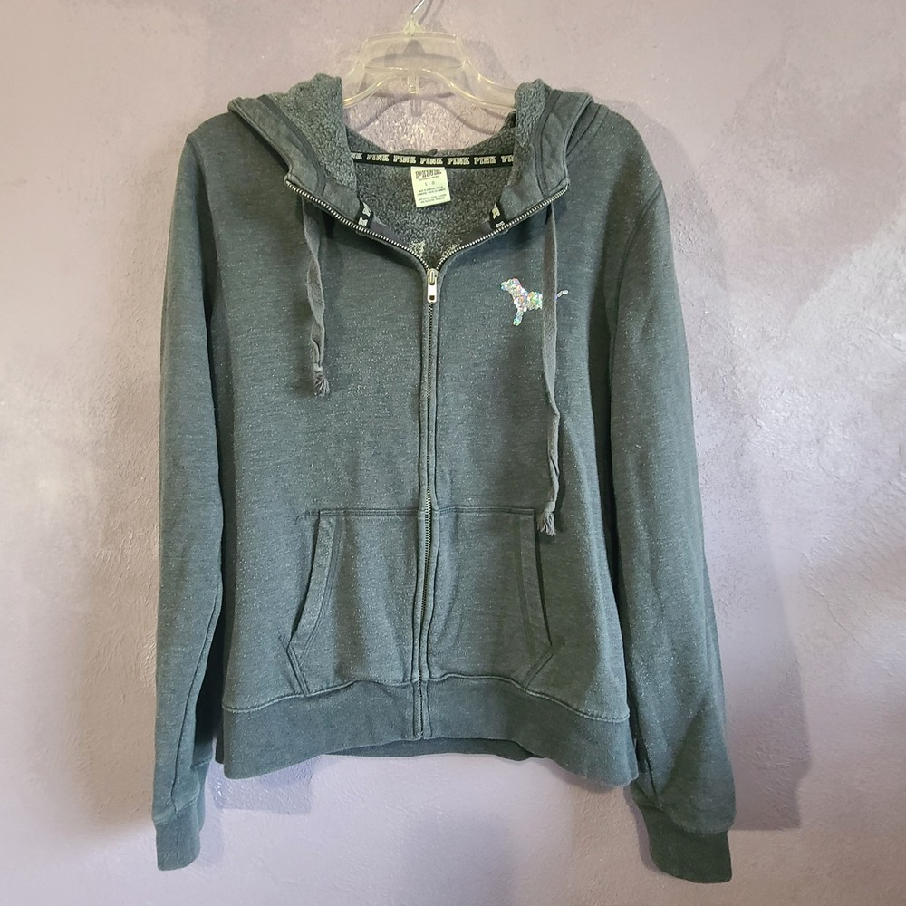 Victoria's Secret LOVE PINK Hoodie Women Large Gray Hombre Sequin Bling Zip Up